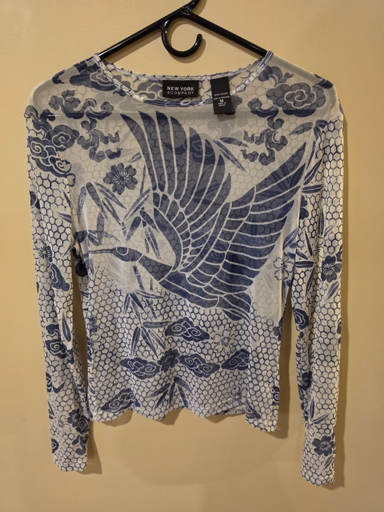 New York & Company Tops - New York & Company White Long-Sleeve Top with Blue Crane Print